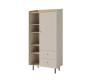 Modernes Albi Highboard in Beige und Eiche mit offenen Regalfächern, Tür und zwei Schubladen.