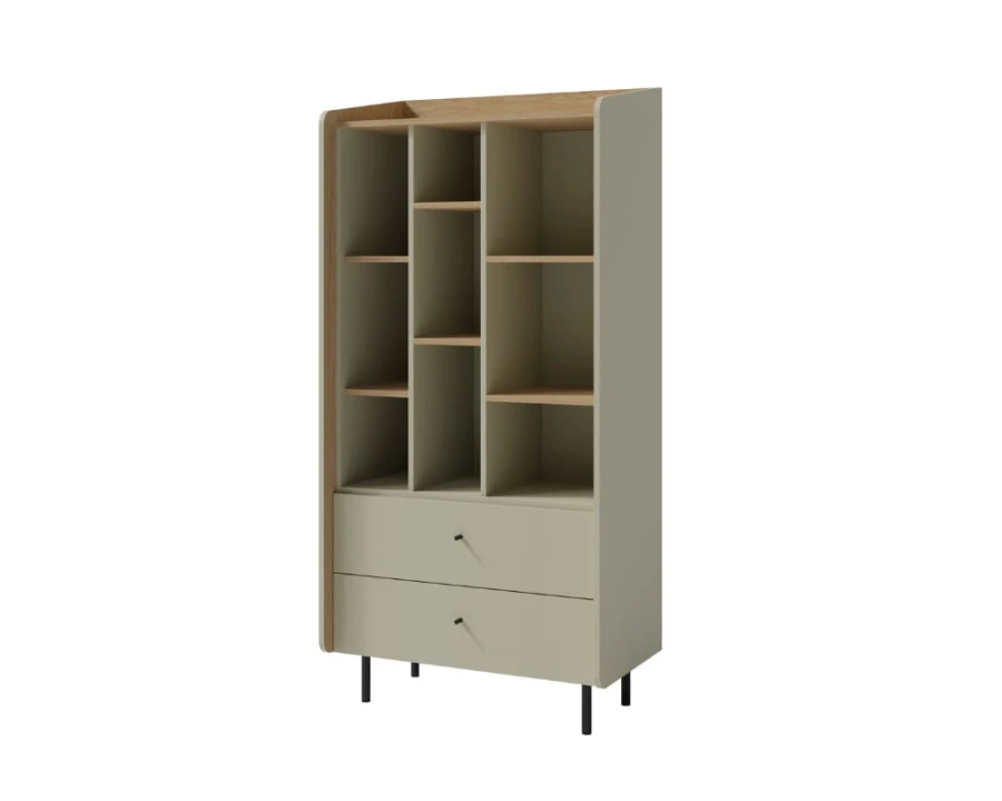 Kombiregal für Kinder- oder Jugendzimmer mit asymmetrischer Facheinteilung in Beige-Eiche.