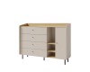 Moderne Kommode Albi in Beige und Eiche-Optik mit Schubladen und Regalfächern für Kinderzimmer.