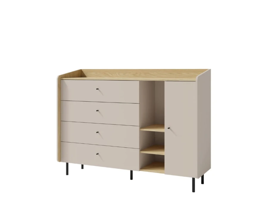 Moderne Kommode Albi in Beige und Eiche-Optik mit Schubladen und Regalfächern für Kinderzimmer.
