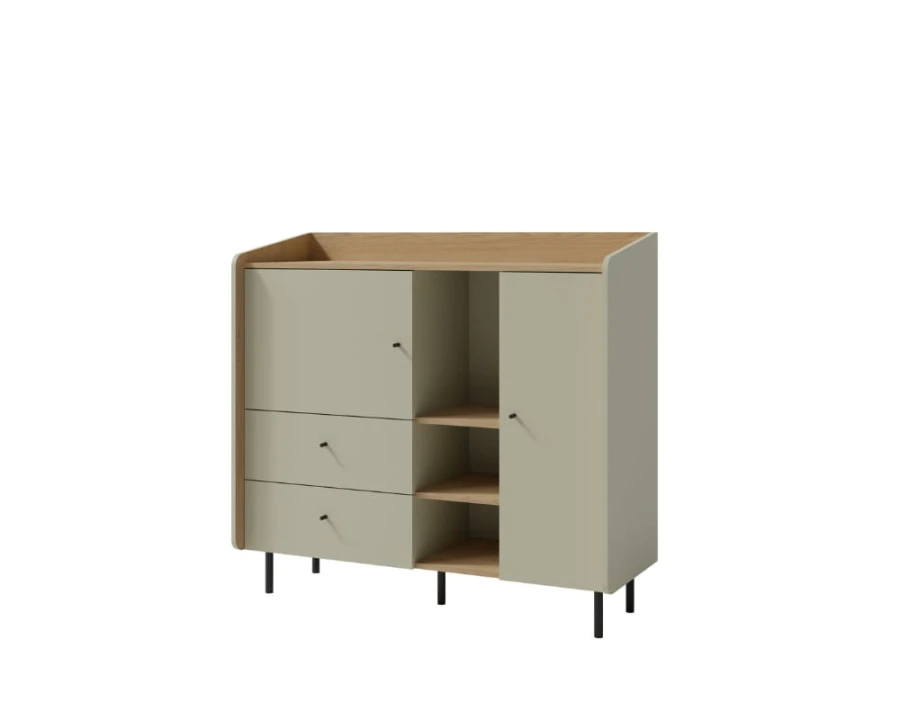 Sideboard in Olivgrün und Eiche mit Schubladen, Türen und offenen Fächern.