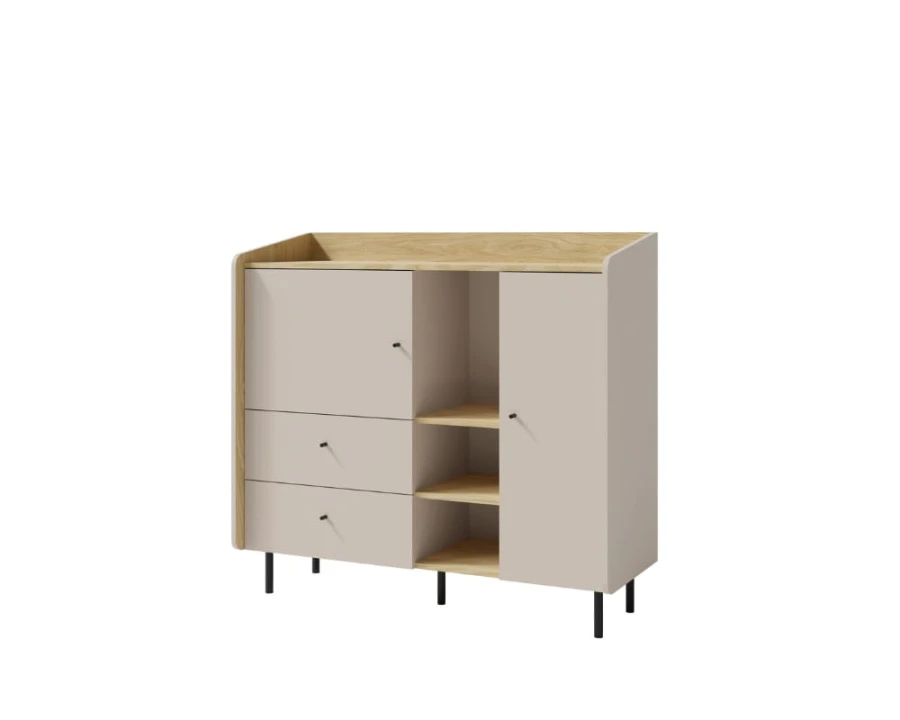 Modernes Sideboard in Beige und Eiche mit praktischem Stauraum für das Kinderzimmer.