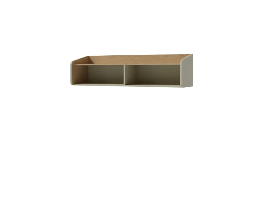 Wandregal mit zwei Fächern in Beige und Eiche-Dekor für zusätzliche Ablagefläche.