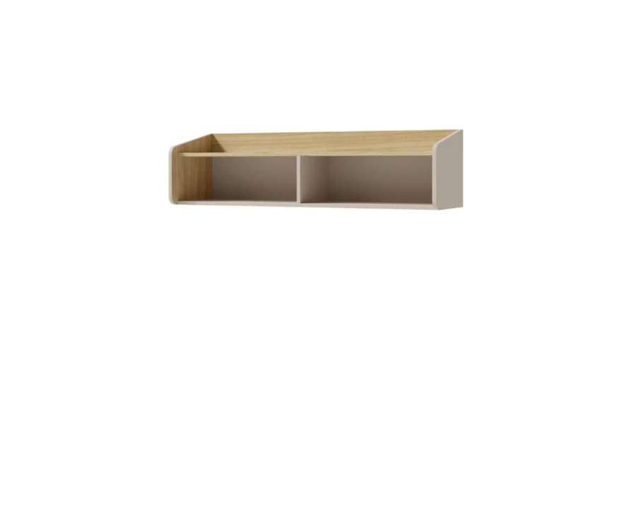Schwebendes Wandregal in modernem Beige und Holz-Look, ideal für Kinderzimmer.
