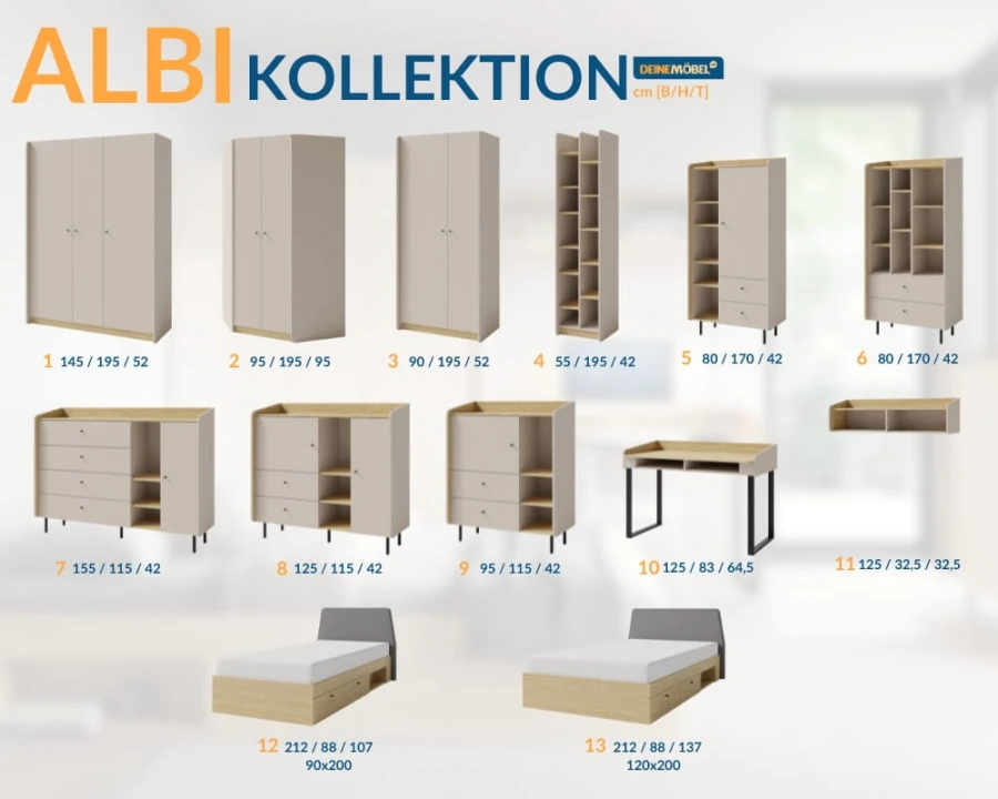 Übersicht der Albi Möbel-Kollektion mit Maßen für Schränke, Betten und Schreibtische.