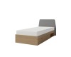 Funktionsbett mit Schubladen und grauem Kopfteil in Eiche-Natur Optik auf weißem Hintergrund.