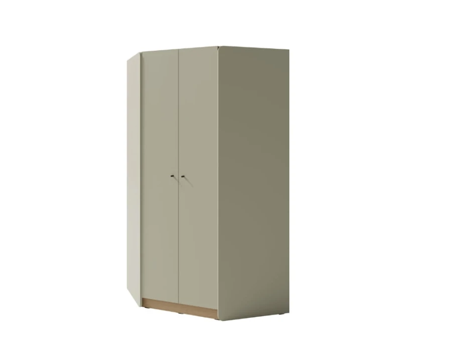 Eckkleiderschrank in Salbeigrün mit zwei Türen und Holzsockel für moderne Kinderzimmer.