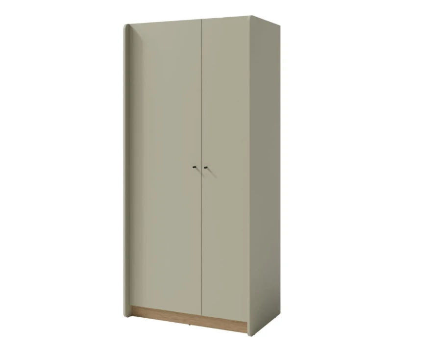 Zweitüriger Kleiderschrank in mattem Salbeigrün mit hellem Holzsockel und schlichten Griffen.
