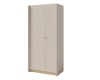 Moderner zweitüriger Kleiderschrank in Beige mit hellem Holzsockel, minimalistisches Design.