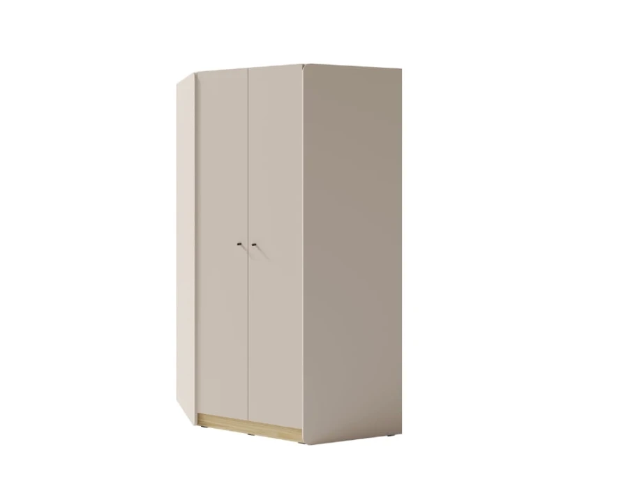 Beiger Eckkleiderschrank mit zwei Türen und Holzsockel, stilvolles Design für das Schlafzimmer.