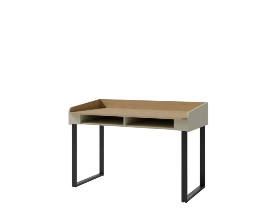 Schreibtisch in Eiche und Beige mit schwarzen U-Beinen für das Arbeitszimmer.