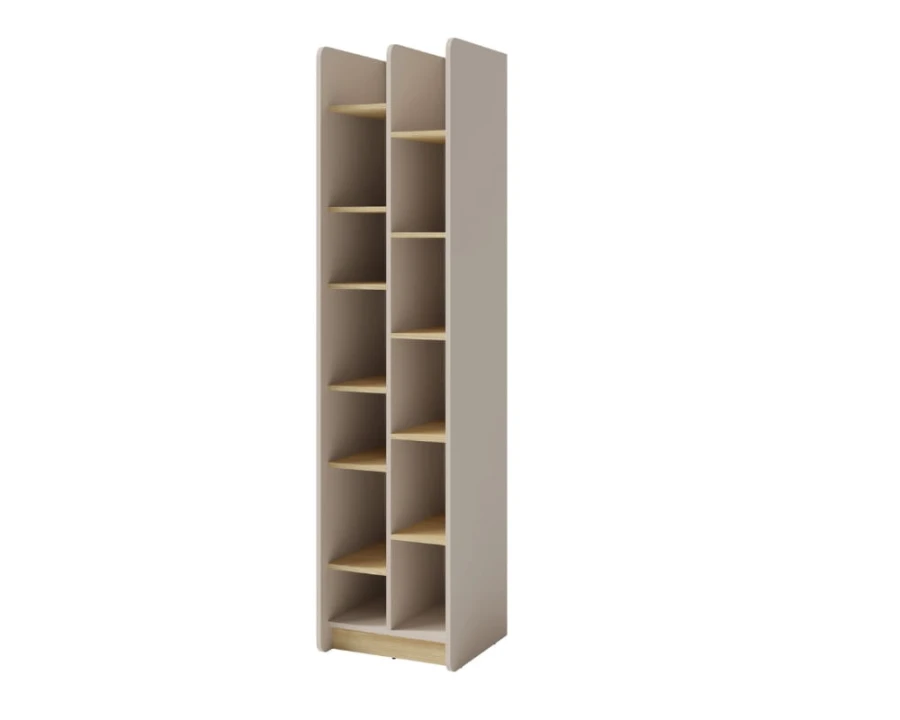 Schmales, hohes Bücherregal der Serie Albi in Beige mit Einlegeböden in Holzoptik.