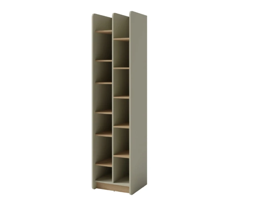 Seitenansicht des Albi Standregals mit offenen Fächern für Bücher und Dekoration.