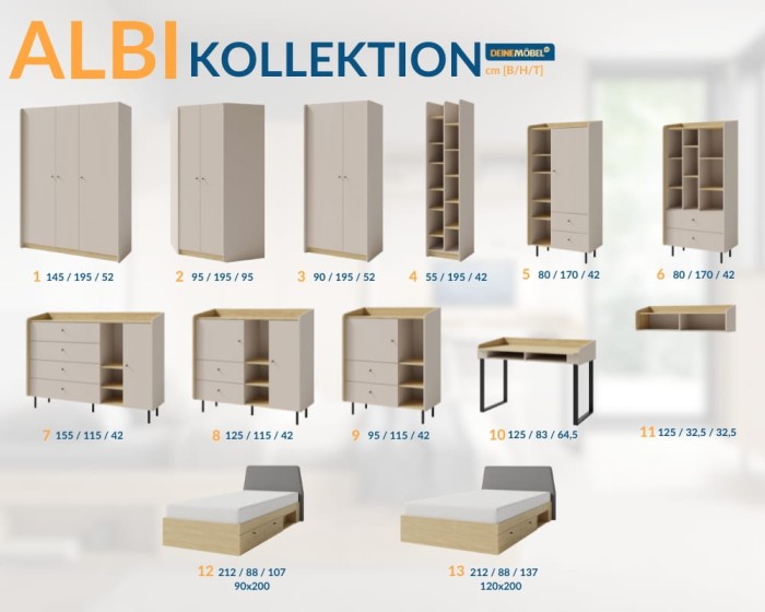 Übersicht der Albi Möbelkollektion mit Maßen für Schränke, Regale und Betten.