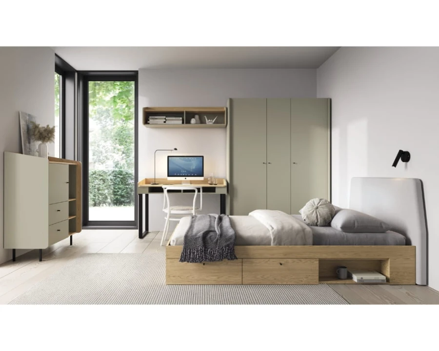 Modernes Schlafzimmer in Salbeigrün und Eiche mit Funktionsbett und Schreibtisch.