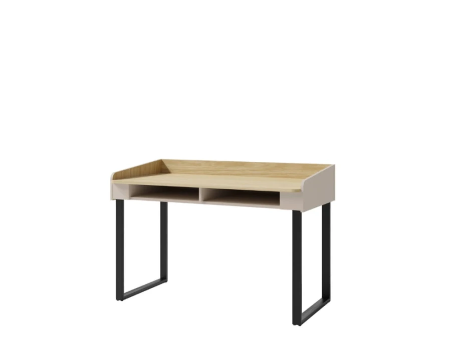 Moderner Arbeitstisch in Eiche-Optik mit schwarzen Metallbeinen für das Home Office.