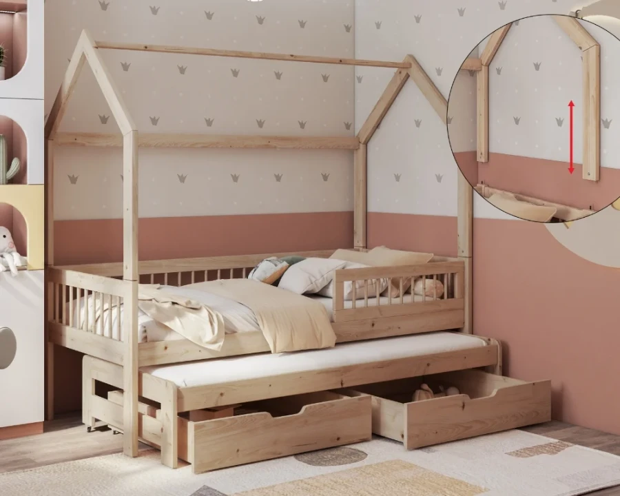 Kinderhausbett aus Naturholz mit ausziehbarem Gästebett und zwei praktischen Schubladen.