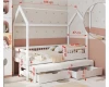 Maßangaben für ein weißes Kinderhausbett mit Zusatzbett und integriertem Stauraum.