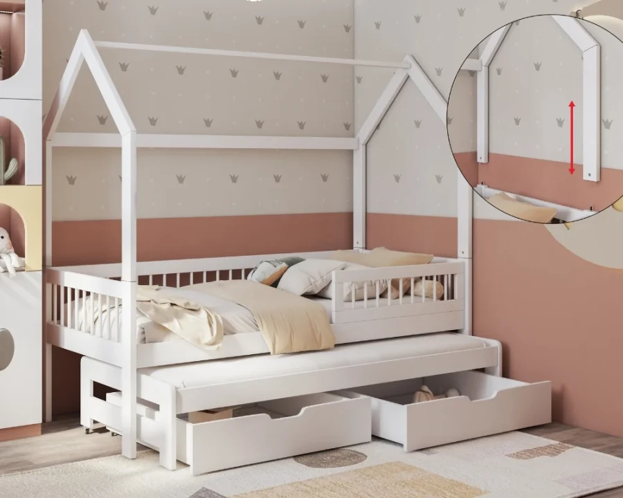 Modernes weißes Hausbett für Kinder mit funktionalem Ausziehbett und zwei Schubladen.