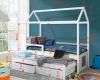 Maßangaben und Abmessungen für das weiße Hausbett mit Zusatzbett und Stauraum.