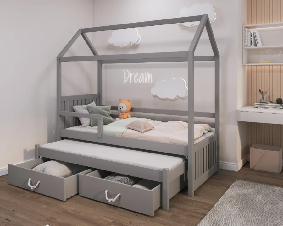 Graues Hausbett für Kinder mit praktischem Ausziehbett und zwei Bettschubladen.