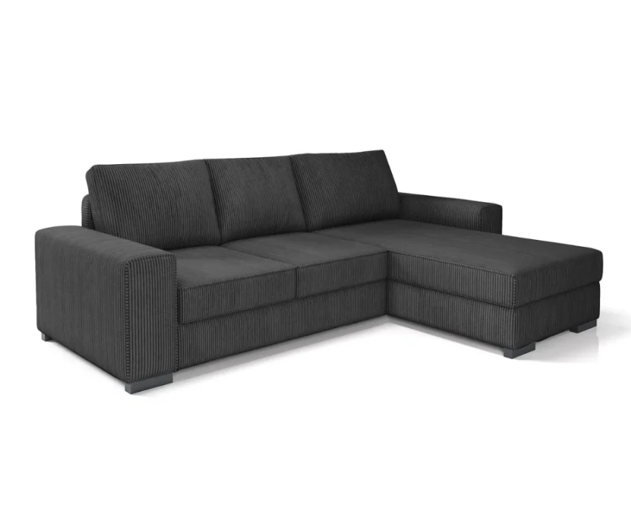Anthrazitfarbenes Ecksofa aus Cordstoff auf weißem Hintergrund.