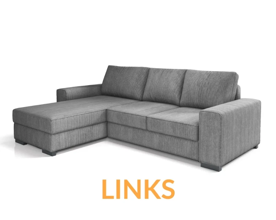 Graues Ecksofa aus Cordstoff, Ottomane links – Modellansicht LINKS.