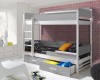 Weiß-graues Etagenbett im Kinderzimmer mit praktischen Schubladen und bunter Bettwäsche.