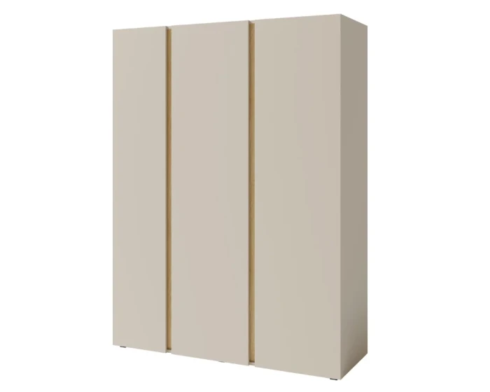 Driedeurs kledingkast in zandbeige met stijlvolle houten lijsten voor een moderne slaapkamer.