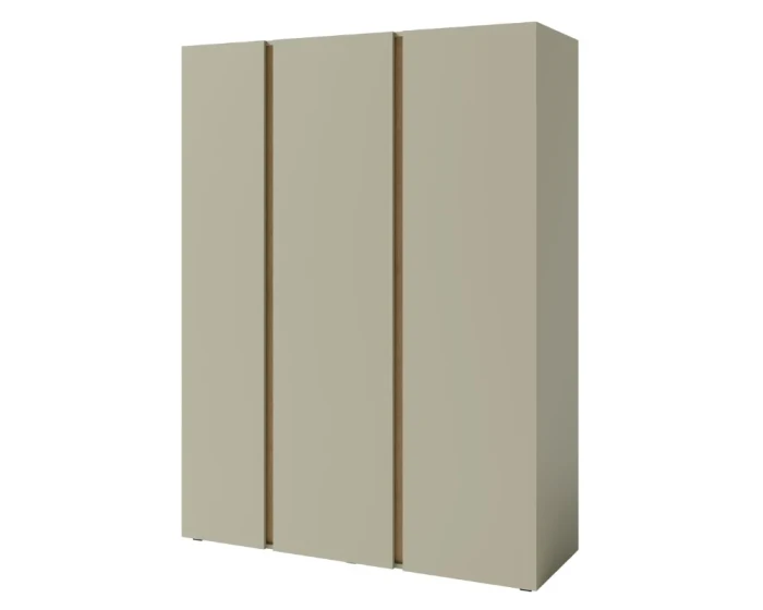 Grote driedeurs kast in neutraal beige met houtdecor-grepen op een witte achtergrond.
