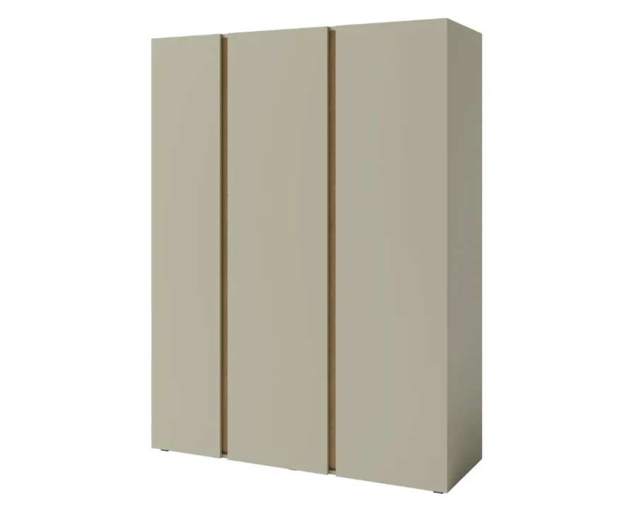 Large three-door wardrobe in neutral beige with wood-decor handles on a white background.