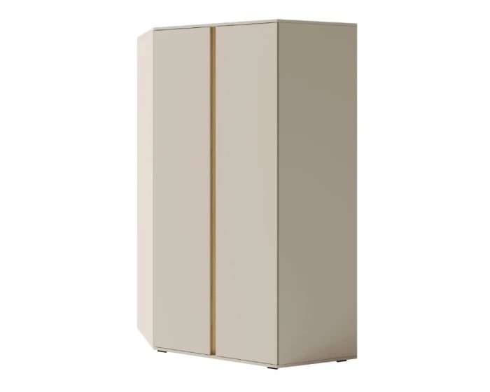 Moderner 2-türiger Kleiderschrank in Beige mit vertikaler Griffleiste aus Holz.