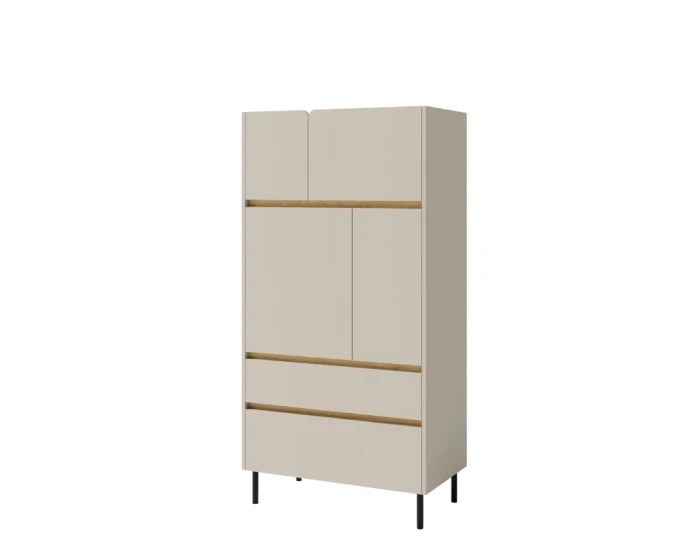Beiges Highboard mit Holz-Details und schwarzen Metallfüßen aus der LIBU Kollektion.