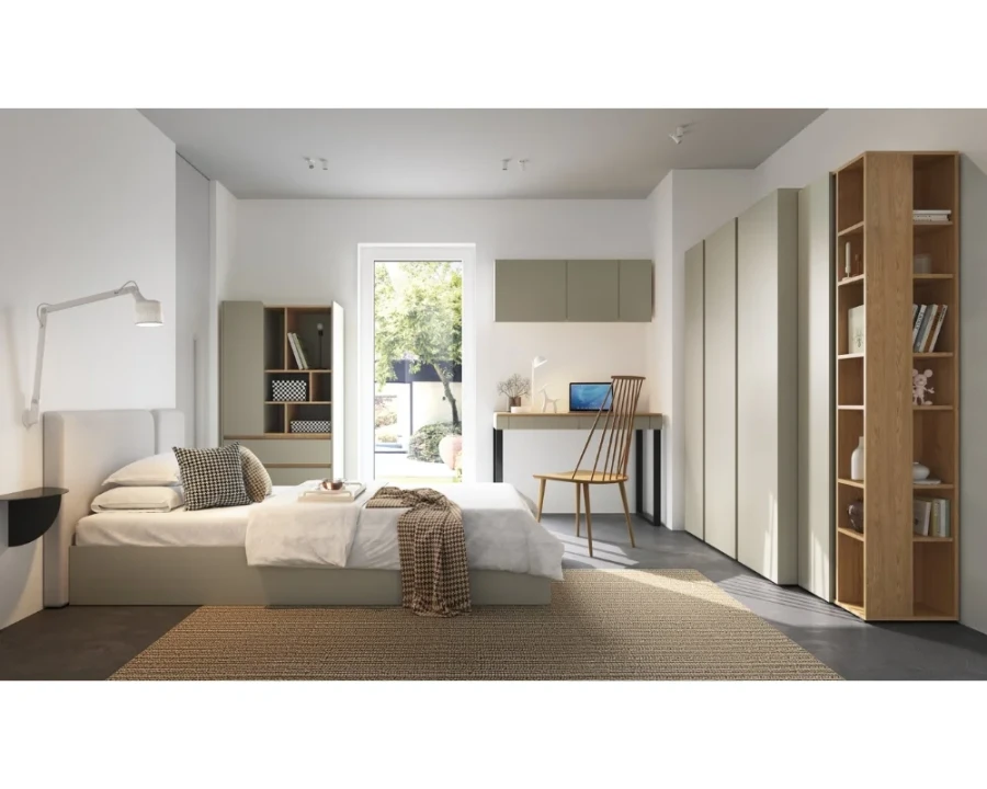 Helles Jugendzimmer-Set Libu in Greige und Eiche mit Bett, Schrank und modernem Arbeitsplatz.