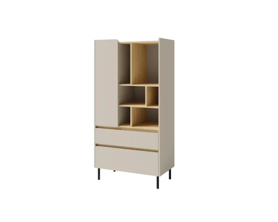 Beiges Highboard Libu mit Eichen-Details, zwei Schubladen und offenen Regalfächern auf Metallfüßen.