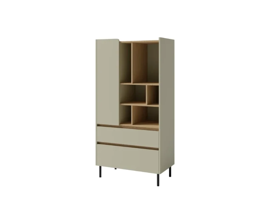 Highboard Libu in Greige mit Holz-Akzenten, Schubladen und offenen Fächern für das Wohnzimmer.