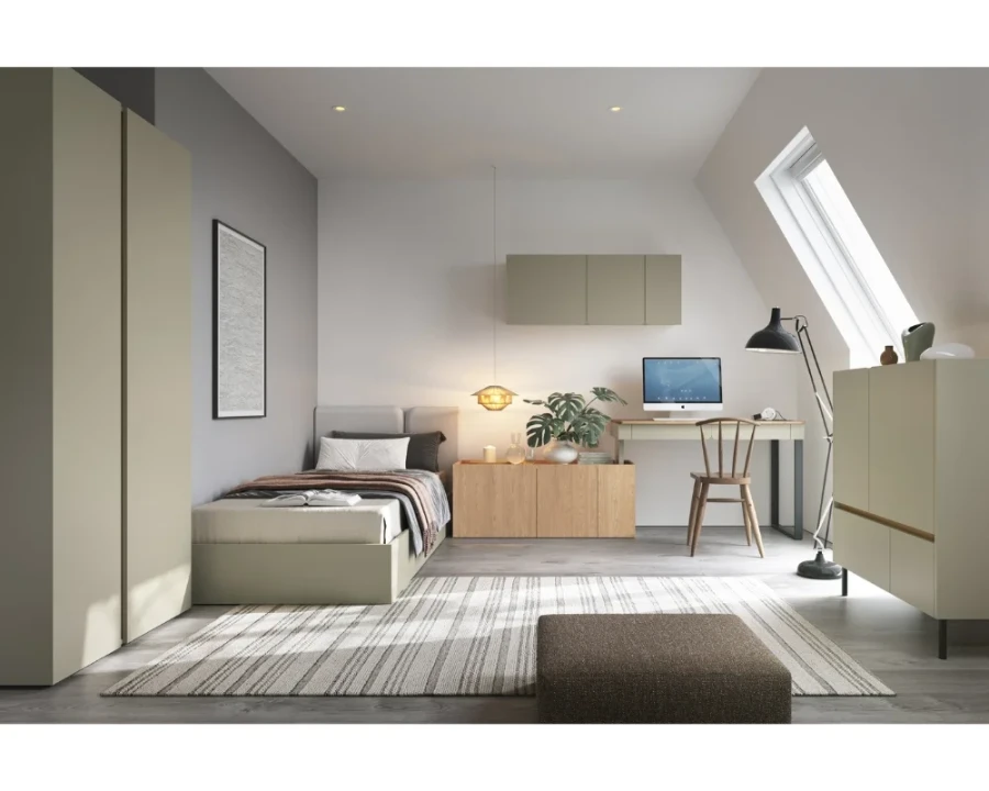 Modernes Jugendzimmer-Set in Beige mit Bett, Schreibtisch und Kleiderschrank.