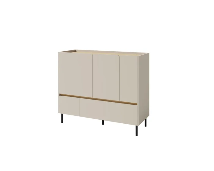 Elegante Kommode 120cm breit in Sandfarbe mit 3 Türen und 2 Schubladen.