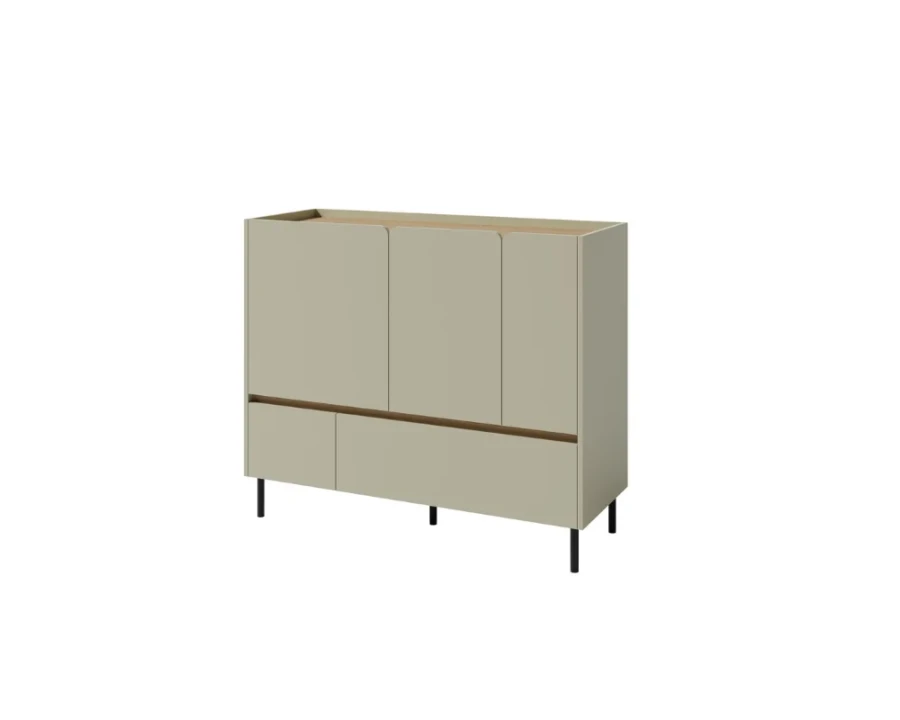 Modernes Sideboard in Graubeige mit drei Türen und zwei Schubladen.