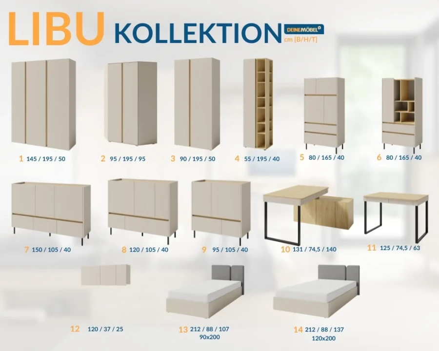 Produktübersicht der Libu Kollektion mit Abmessungen für verschiedene Möbelstücke.