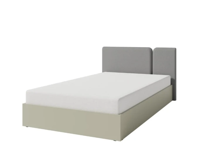 Stijlvol tweepersoonsbed met tweedelig grijs hoofdbord en beige frame in een minimalistisch design.
