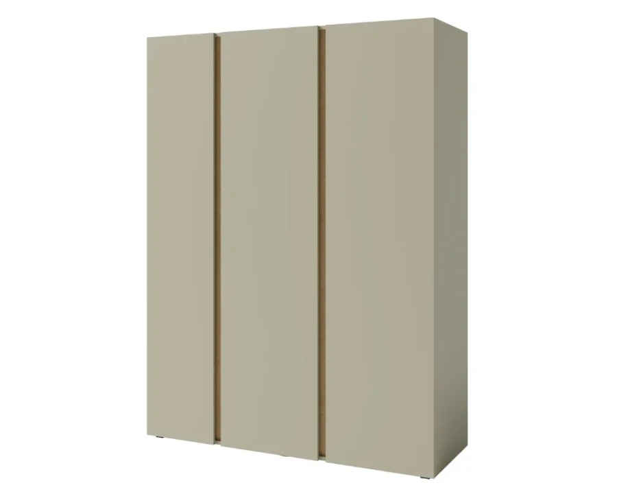 Großer Schlafzimmerschrank in Taupe mit drei Türen und integrierten Holzgriffen.