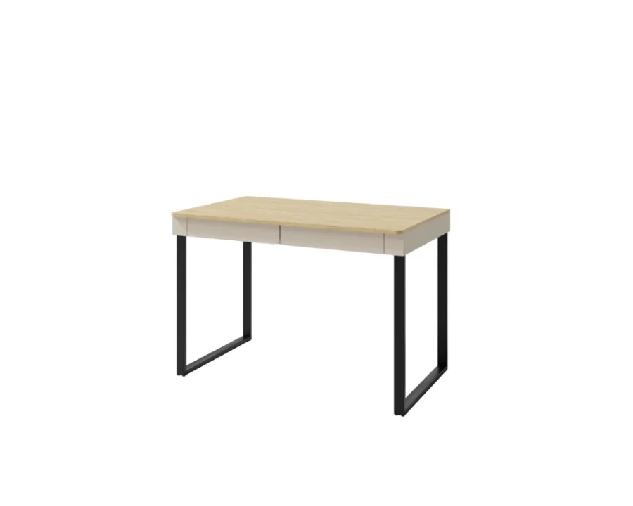 Schreibtisch mit heller Holzplatte, zwei Schubladen und schwarzem Metallrahmen.
