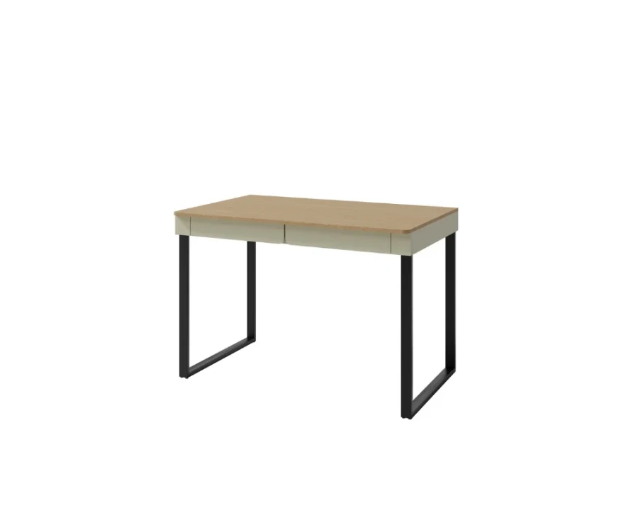 Moderner Arbeitstisch in Beige und Eiche-Optik mit schwarzen Metallkufen.