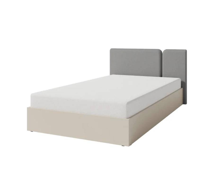 Modernes Einzelbett mit grauem Kopfteil und beigem Rahmen, minimalistisches Design für Schlafzimmer.