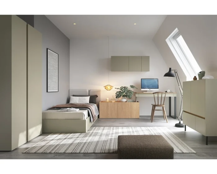 Modernes Jugendzimmer-Set mit Bett, Schreibtisch und Kleiderschrank in Beige.