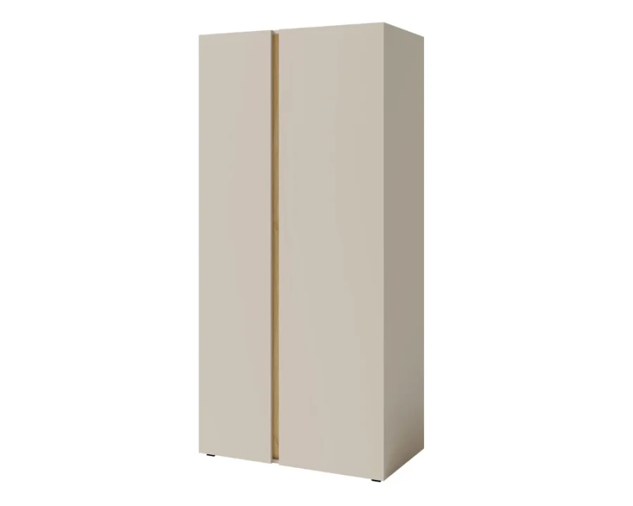 Schmaler zweitüriger Kleiderschrank in Beige mit eleganter Holzgriffleiste, minimalistisches Möbelstück.