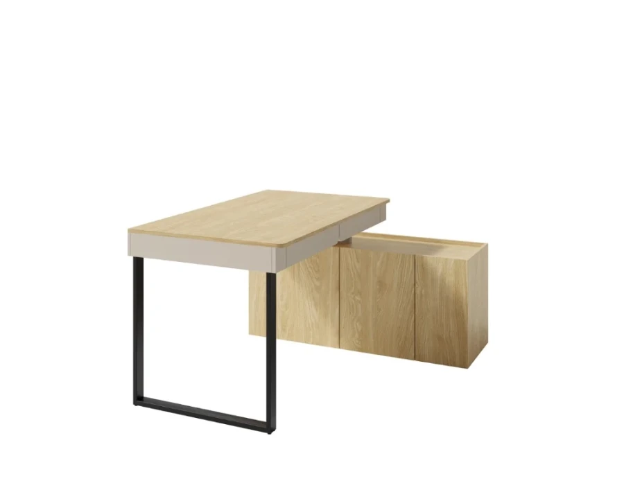 Moderner Eckschreibtisch in Eiche-Optik mit integriertem Sideboard-Element.