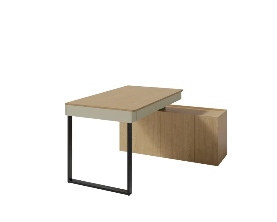 L-förmiger Schreibtisch in Holz-Optik mit beigen Details und schwarzem Metallgestell.
