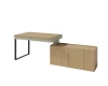 Moderner Schreibtisch in L-Form mit Sideboard, Holzoptik und beigen Akzenten.